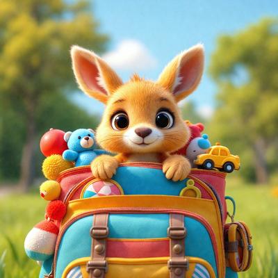 The primary subject of the image is a cartoon bunny holding a colorful backpack filled with various stuffed animals. The setting is a grassy field, and the visual style appears to be a digital art or illustration. The dominant colors in the image are bright and vibrant, creating a cheerful and lively atmosphere.